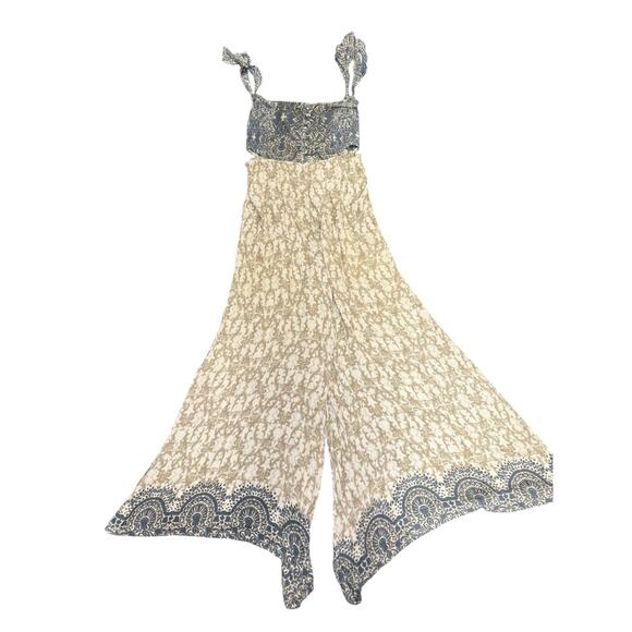 Free People Boho Smocked Wide-Leg Jumpsuit XS Blue Beige Floral Tie Straps - Picture 3 of 11